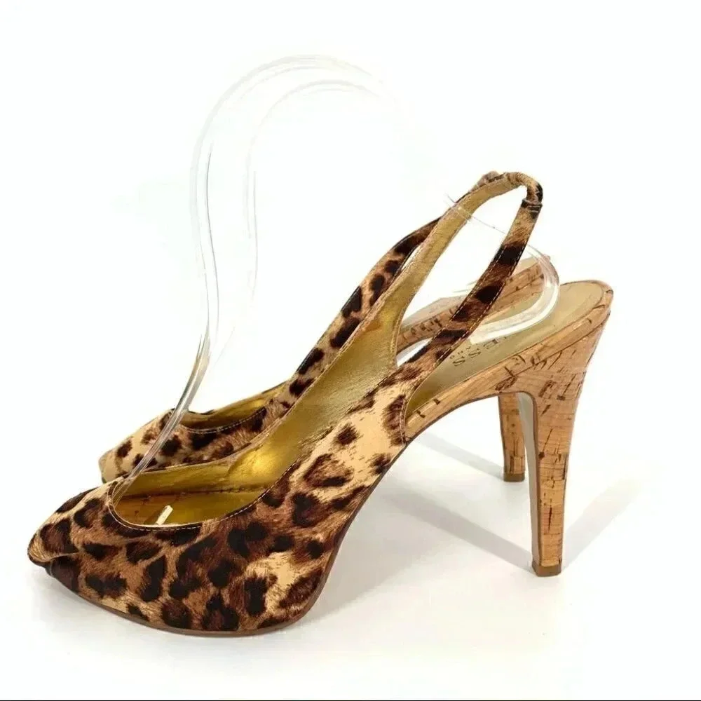 Guess womens heels size 10 brown cheetah print faux cork platform slingbacks